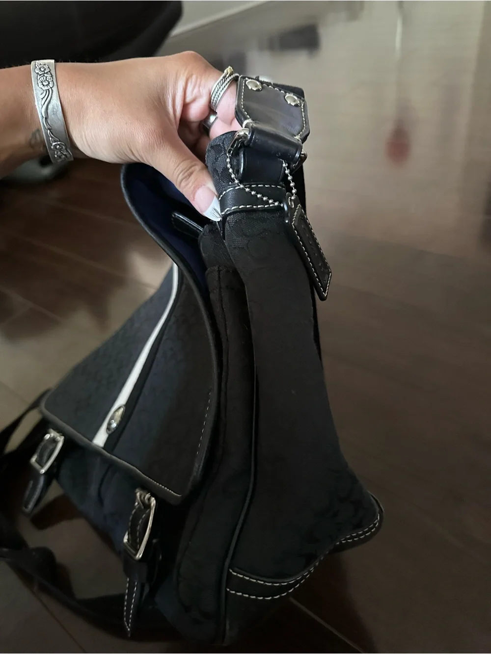Coach Black Signature Messenger Bag with Cream Stripe